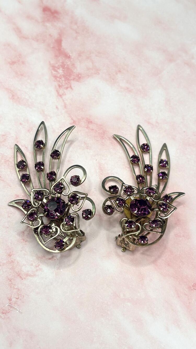 Vintage 1950s Pat Pend Purple Amethyst Rhinestone Ear Climber Clip Earrings 2.5"